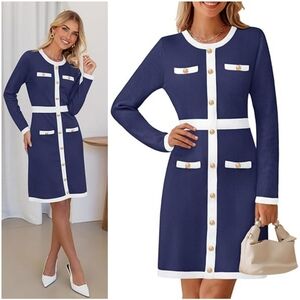NWT Merokeety Blue White Long Sleeve Gold Button Old Money Sweater Midi Dress M
